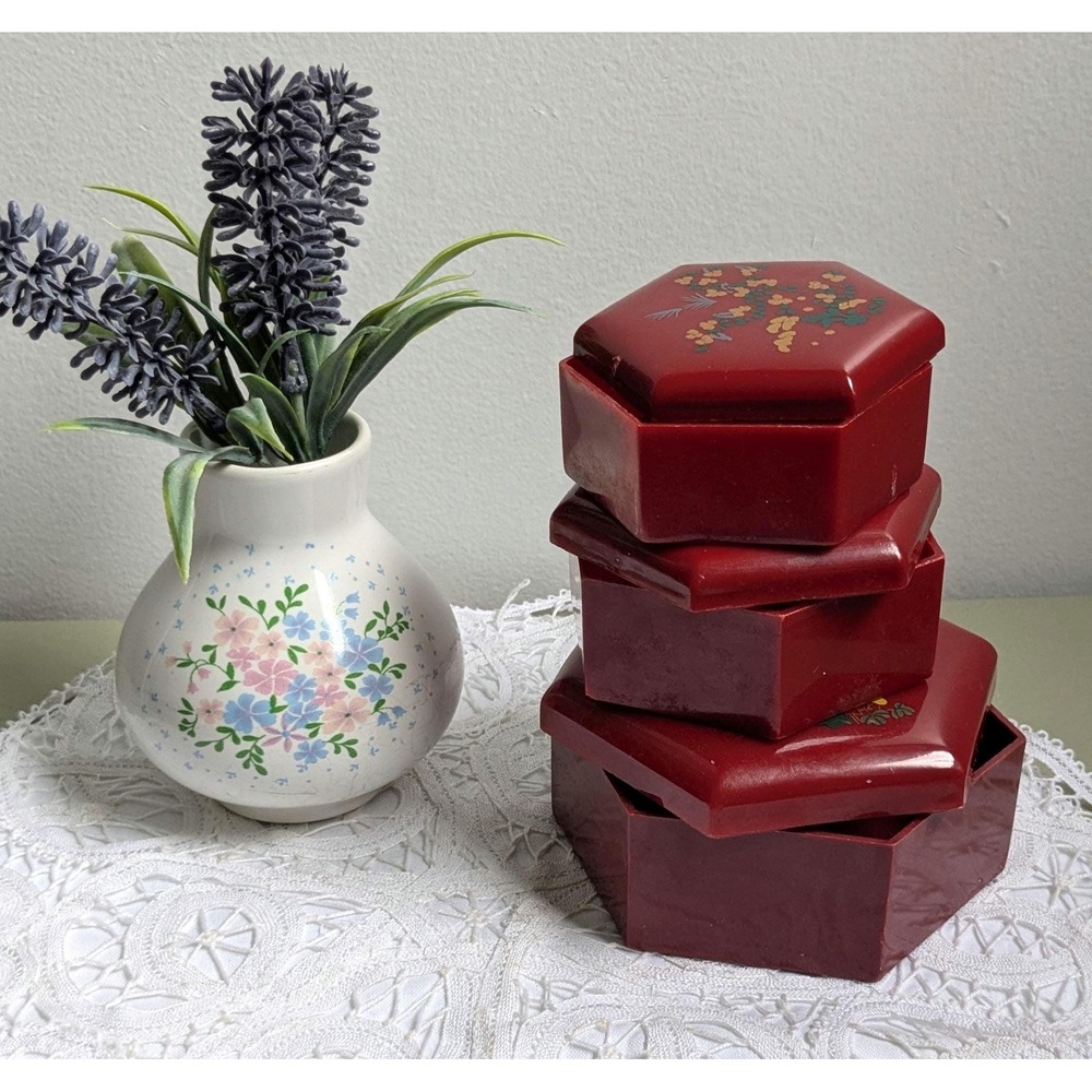 Vintage Hong Kong Red Hexagon Trinket Boxes Set of 3, Floral Plastic Boxes‎